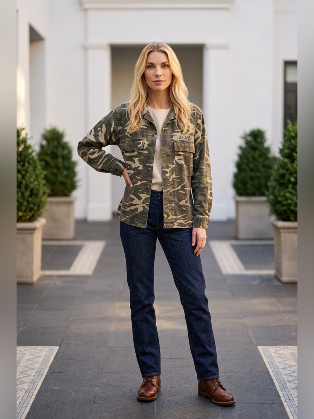 Women’s Camo Utility Jacket w/ Rolling Stones decal on center back Olive Camo